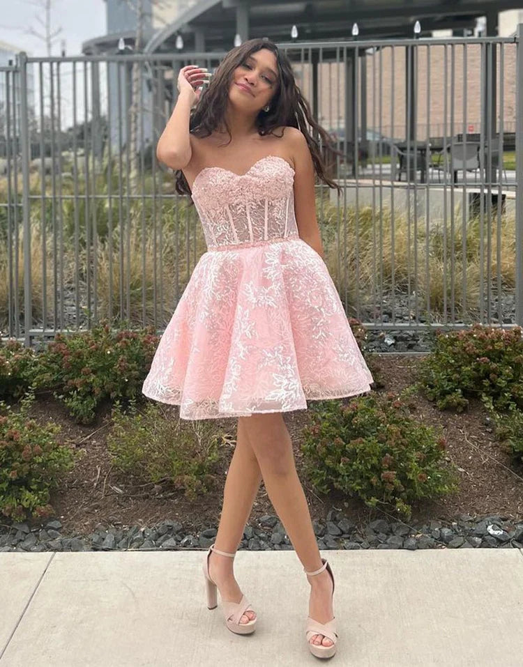 Romantic A Line Sweetheart Lace Short Corset Detachable Puff Sleeves Homecoming Dress