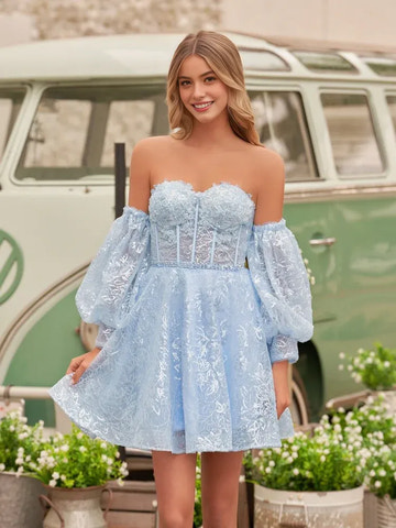 Romantic A Line Sweetheart Lace Short Corset Detachable Puff Sleeves Homecoming Dress