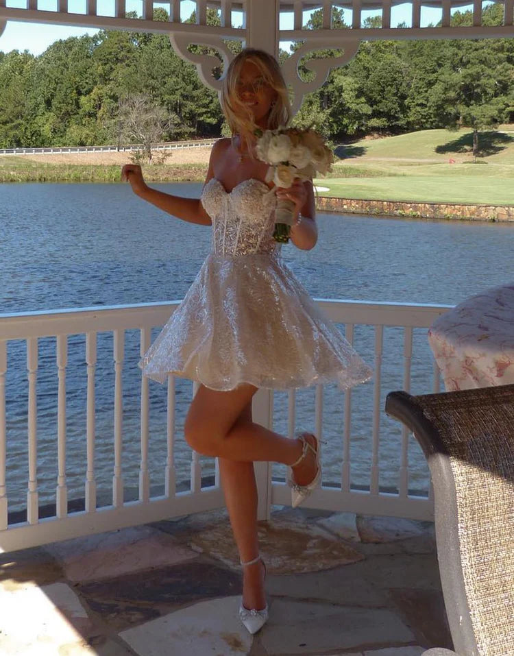 Romantic A Line Sweetheart Lace Short Corset Detachable Puff Sleeves Homecoming Dress