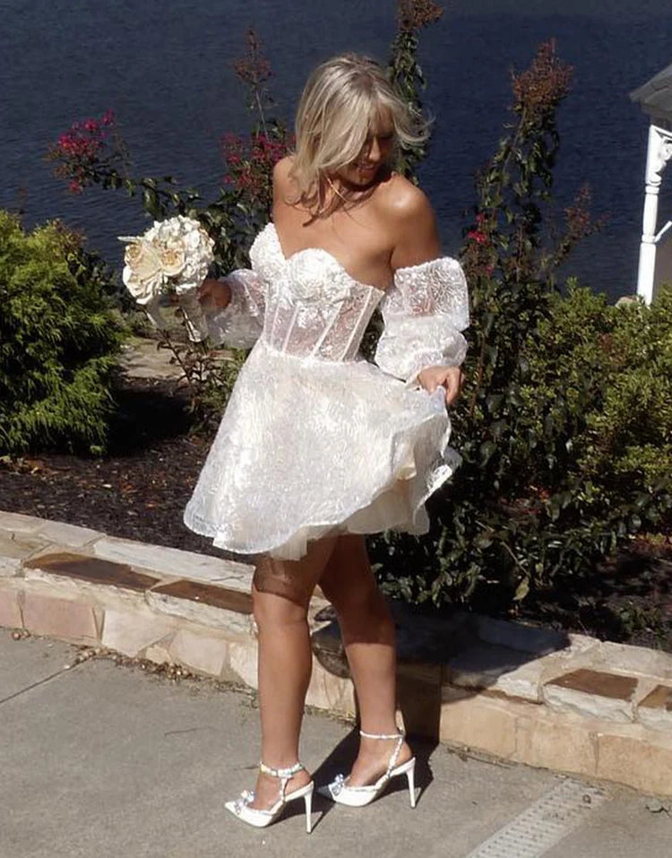 Romantic A Line Sweetheart Lace Short Corset Detachable Puff Sleeves Homecoming Dress