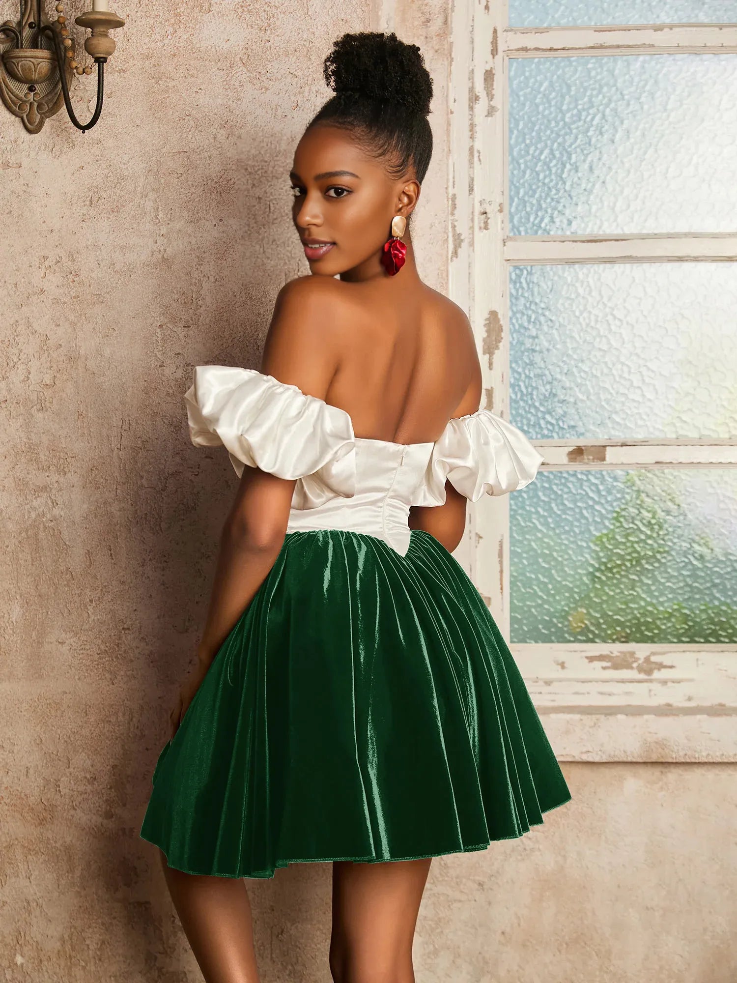 Romantic A-Line Satin-Velvet Short Detachable-Sleeves Homecoming Dress