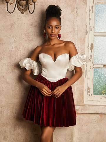 Romantic A-Line Satin-Velvet Short Detachable-Sleeves Homecoming Dress