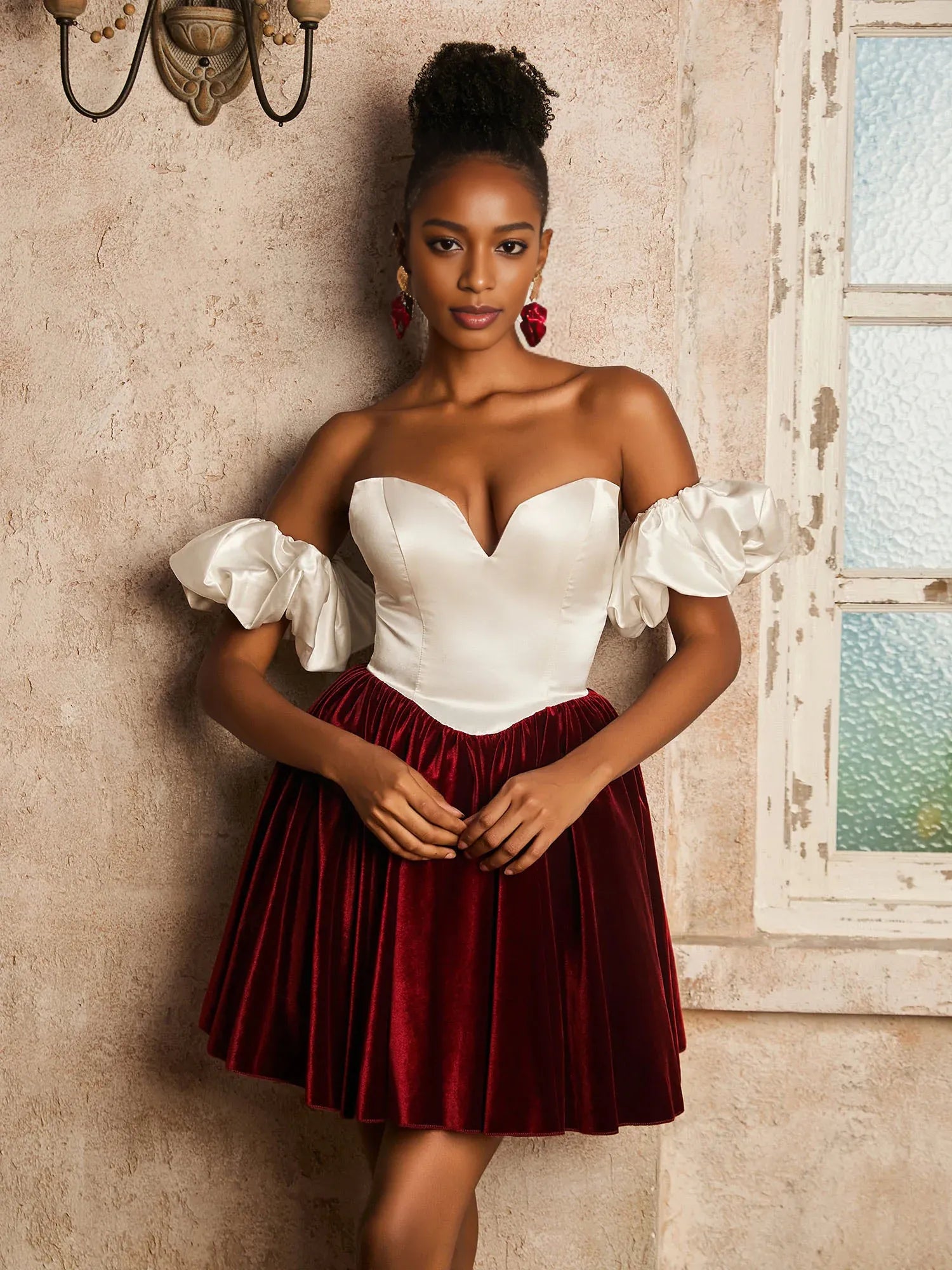 Romantic A-Line Satin-Velvet Short Detachable-Sleeves Homecoming Dress