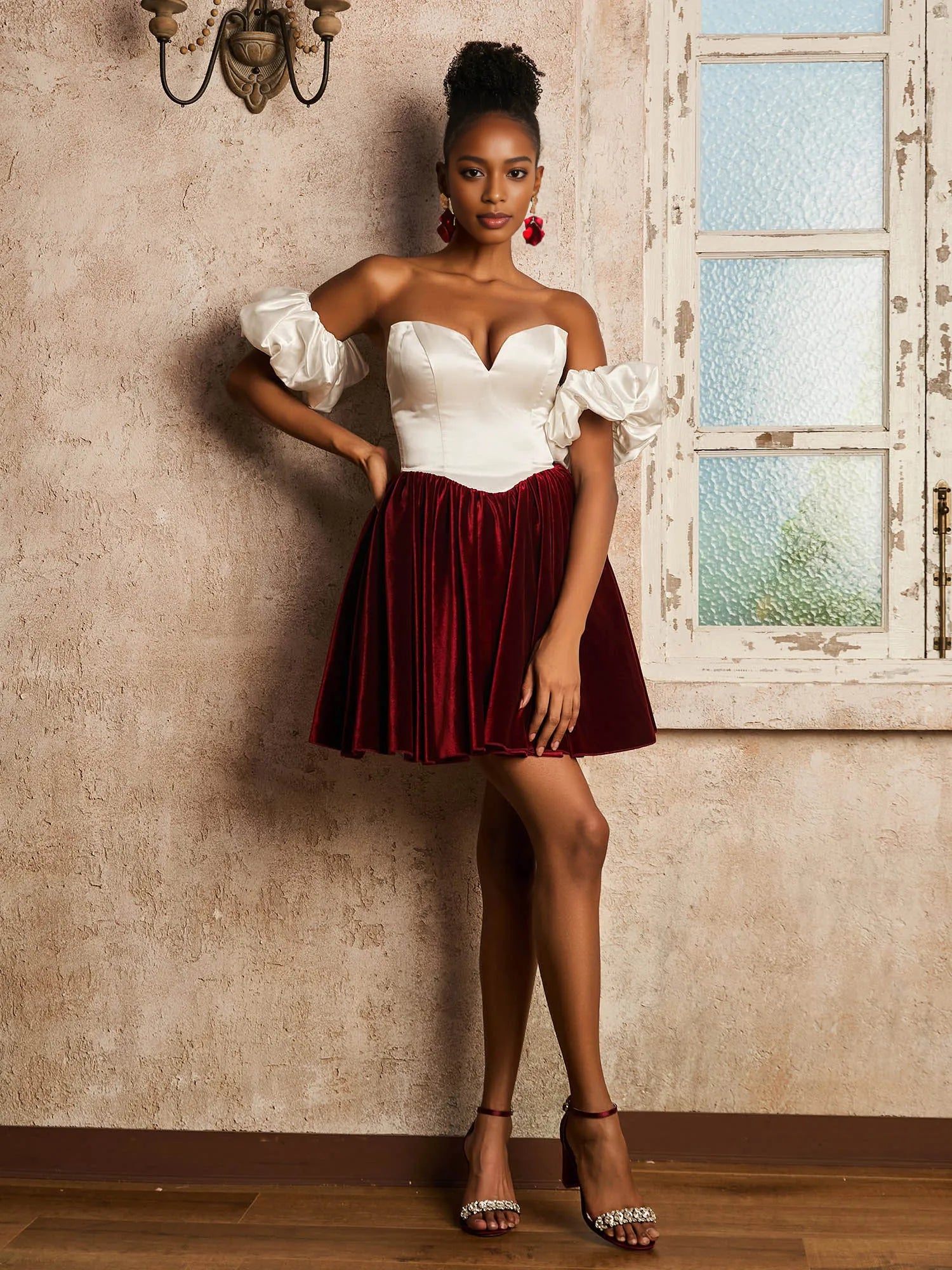 Romantic A-Line Satin-Velvet Short Detachable-Sleeves Homecoming Dress