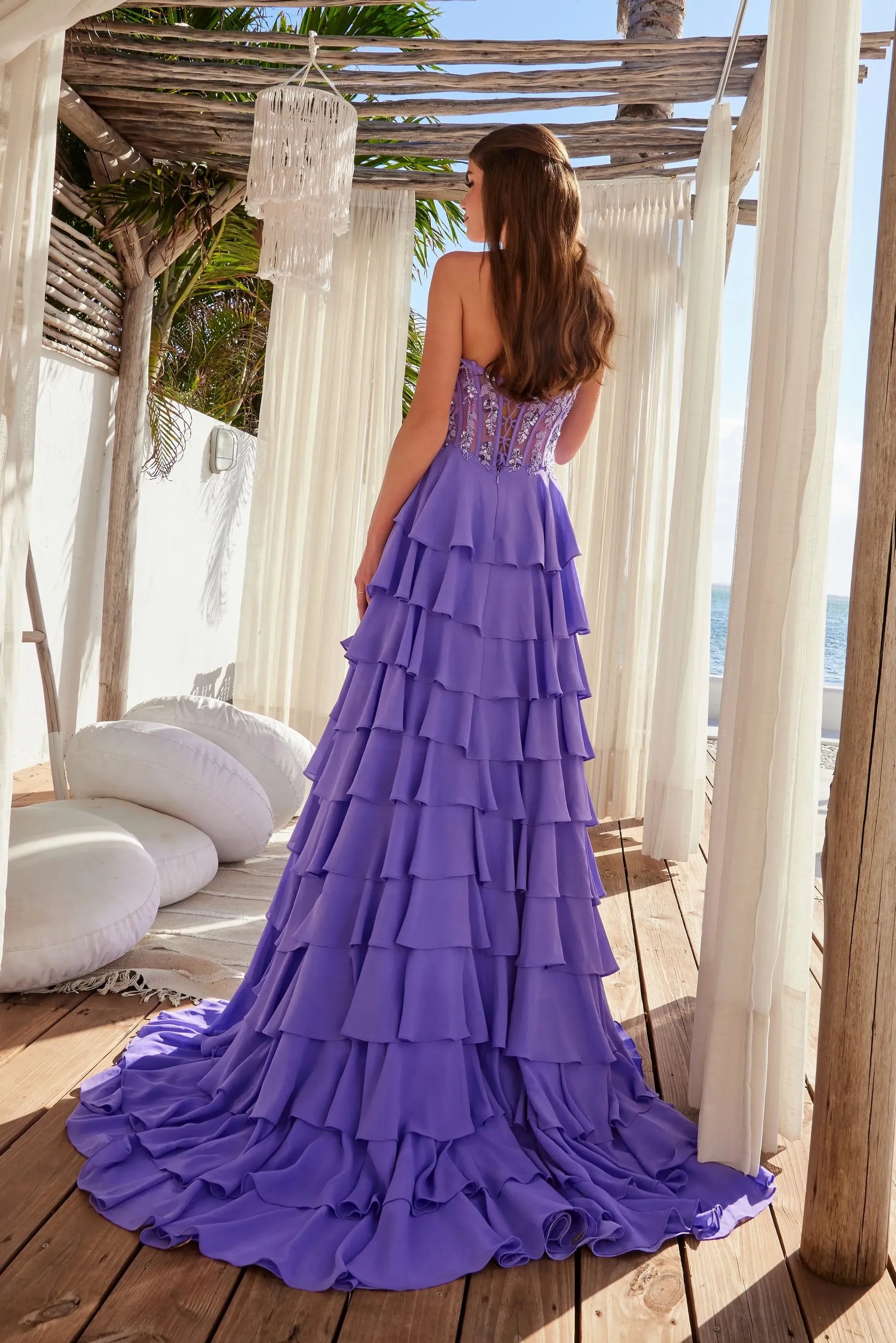 Romantic A-Line Sweetheart Strapless Chiffon Floor-Length Tiered Lace Evening Dress