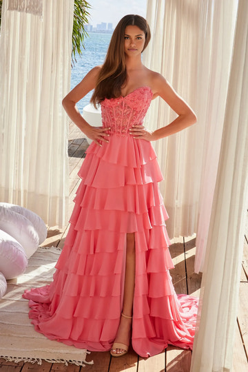 Romantic A-Line Sweetheart Strapless Chiffon Floor-Length Tiered Lace Evening Dress