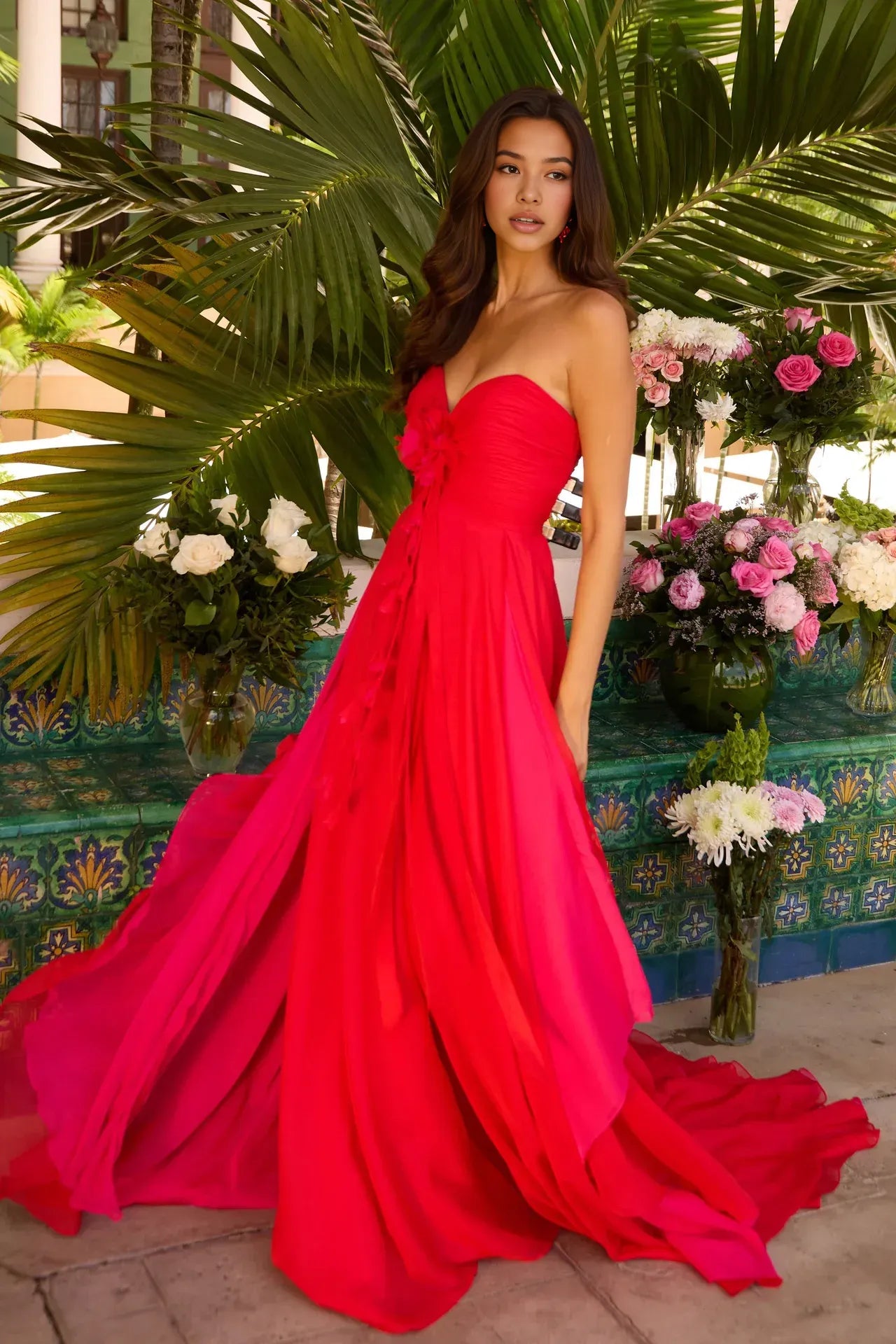 Romantic A Line Sweetheart Strapless Sleeveless Chiffon Maxi Evening Dress Floral Prom Dress