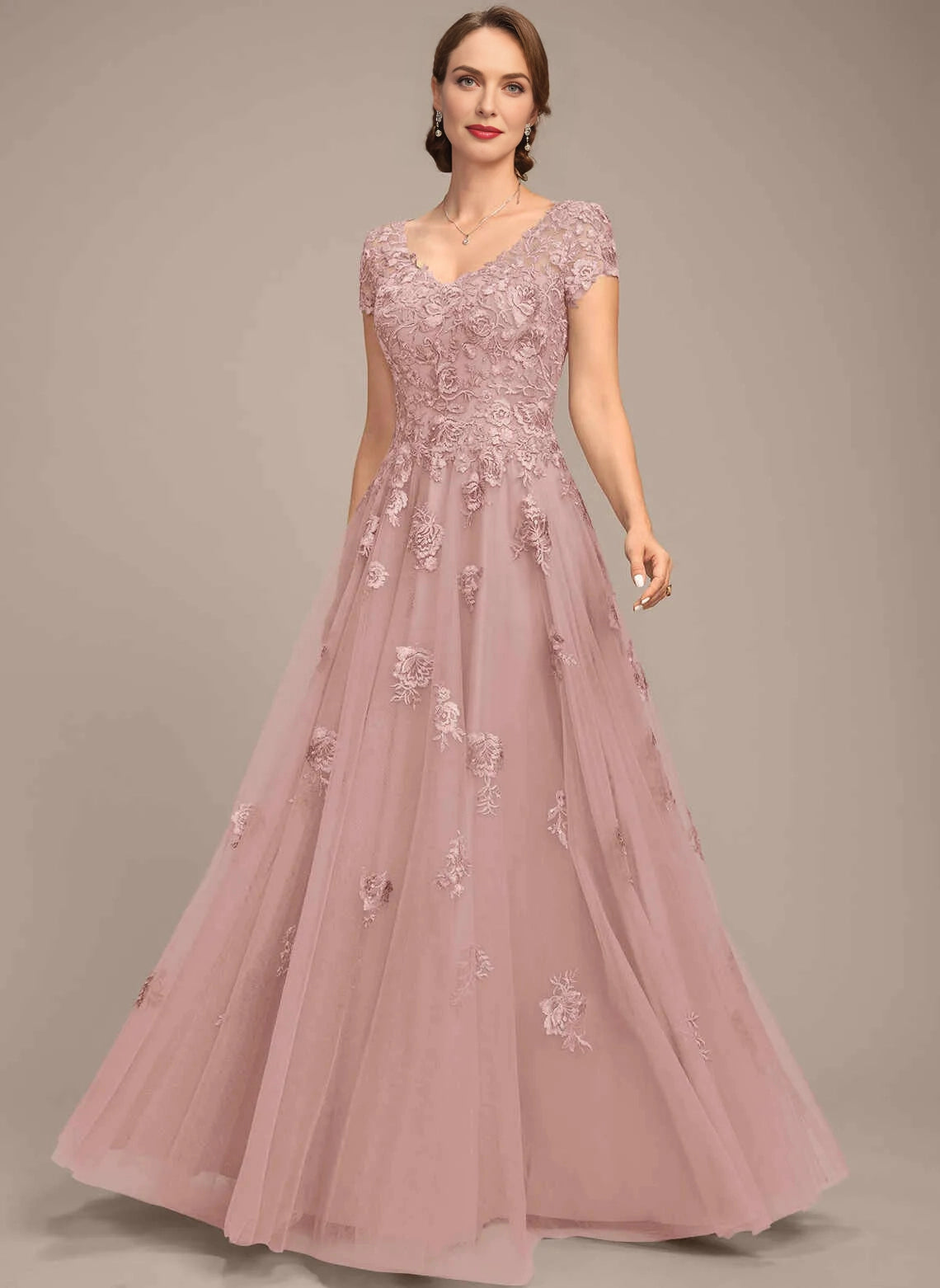 Vedress Dusty Rose V‑Neck Cap Sleeve Lace Mother Dress Front View