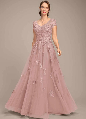 Vedress Dusty Rose V‑Neck Cap Sleeve Lace Mother Dress Front View