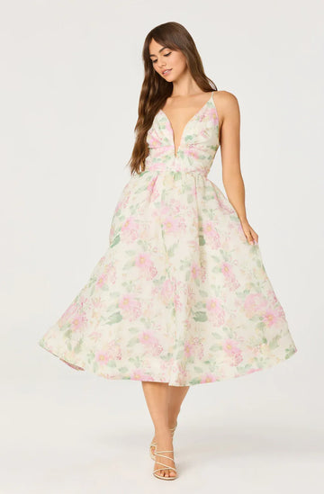 Romantic A Line V Neck Chiffon Midi Floral Casual Dress