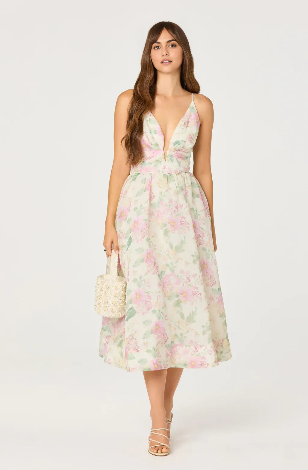 Romantic A Line V Neck Chiffon Midi Floral Casual Dress