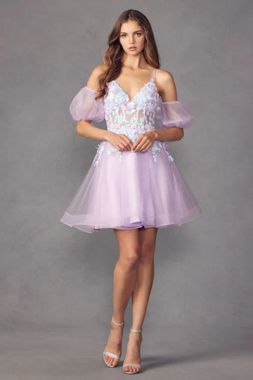 Romantic A-Line V-Neck Puff-Sleeve Tulle Short Lace-Up Homecoming Dress