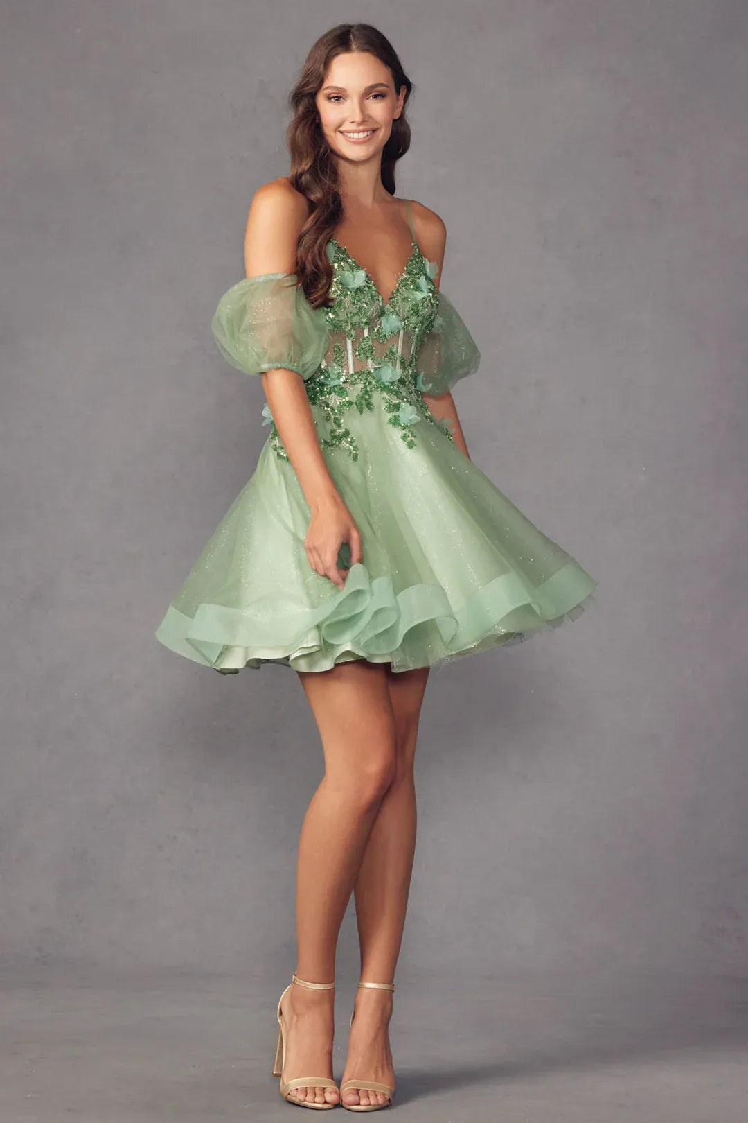Romantic A-Line V-Neck Puff-Sleeve Tulle Short Lace-Up Homecoming Dress