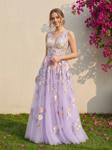 Vedress lavender tulle 3D floral deep v neck sleeveless long wedding dress