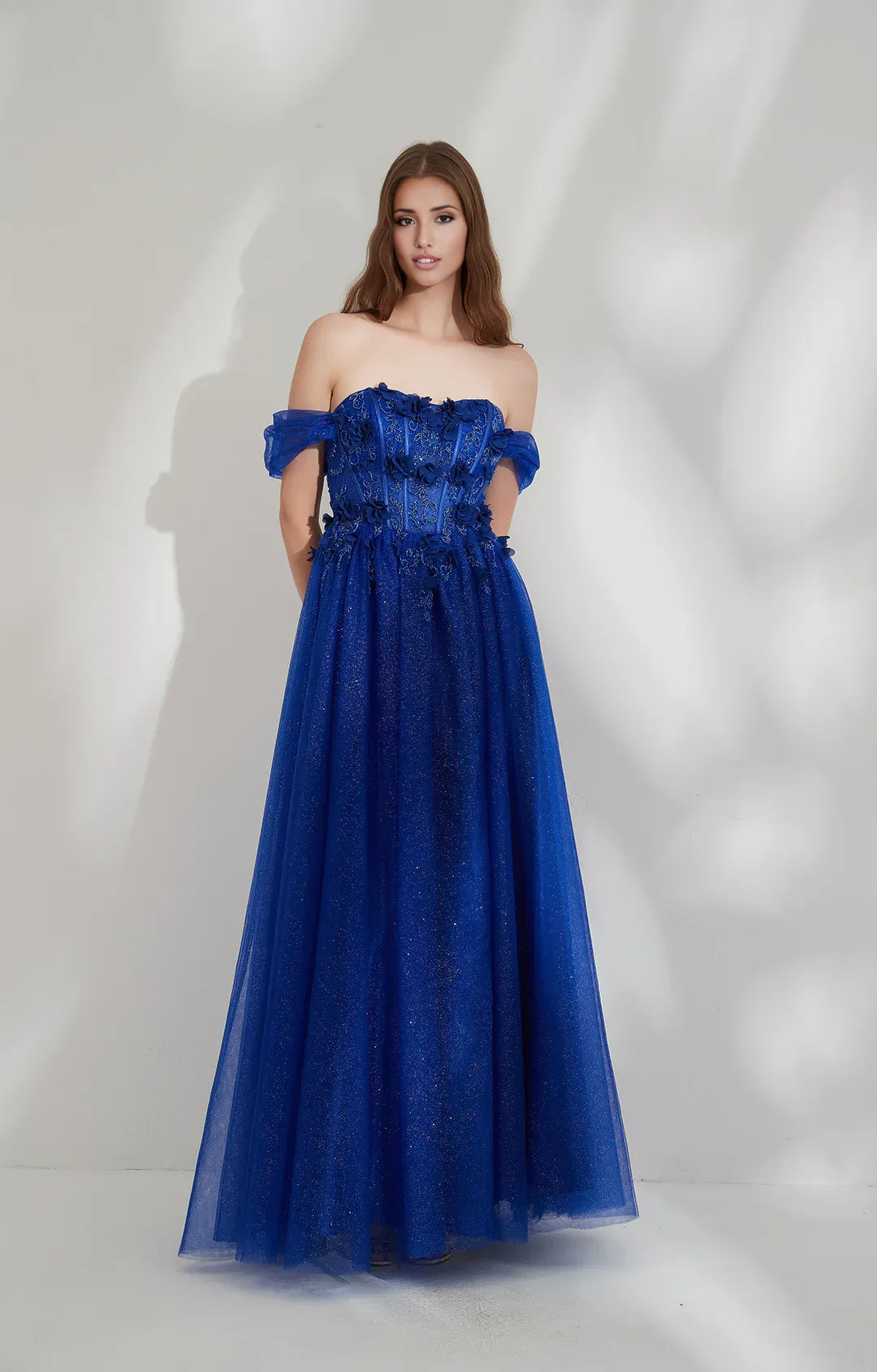 Romantic A-line Off-shoulder Short-sleeve Tulle Floor-length 3D Floral Glitter Evening Gown