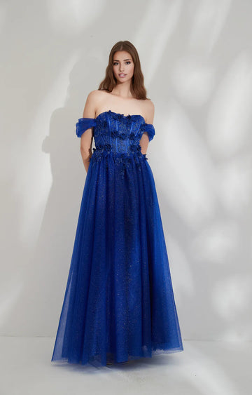 Romantic A-line Off-shoulder Short-sleeve Tulle Floor-length 3D Floral Glitter Evening Gown