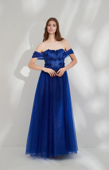 Romantic A-line Off-shoulder Short-sleeve Tulle Floor-length 3D Floral Glitter Evening Gown