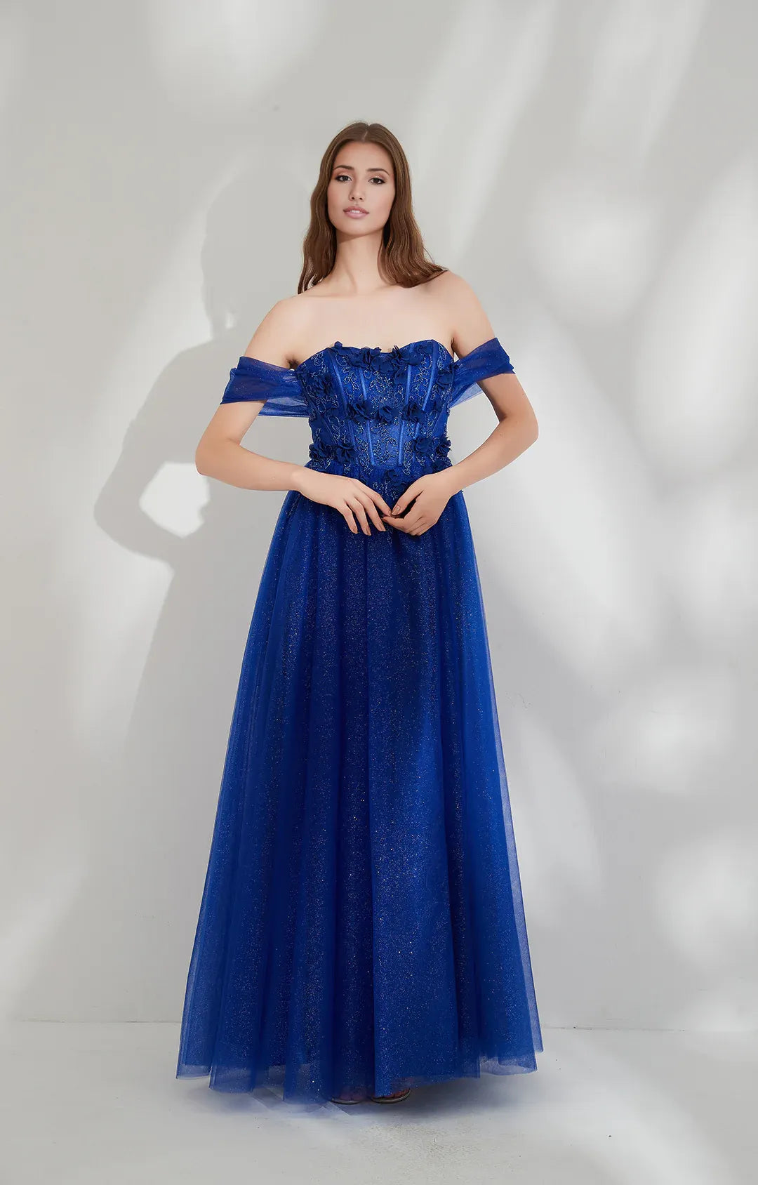 Romantic A-line Off-shoulder Short-sleeve Tulle Floor-length 3D Floral Glitter Evening Gown