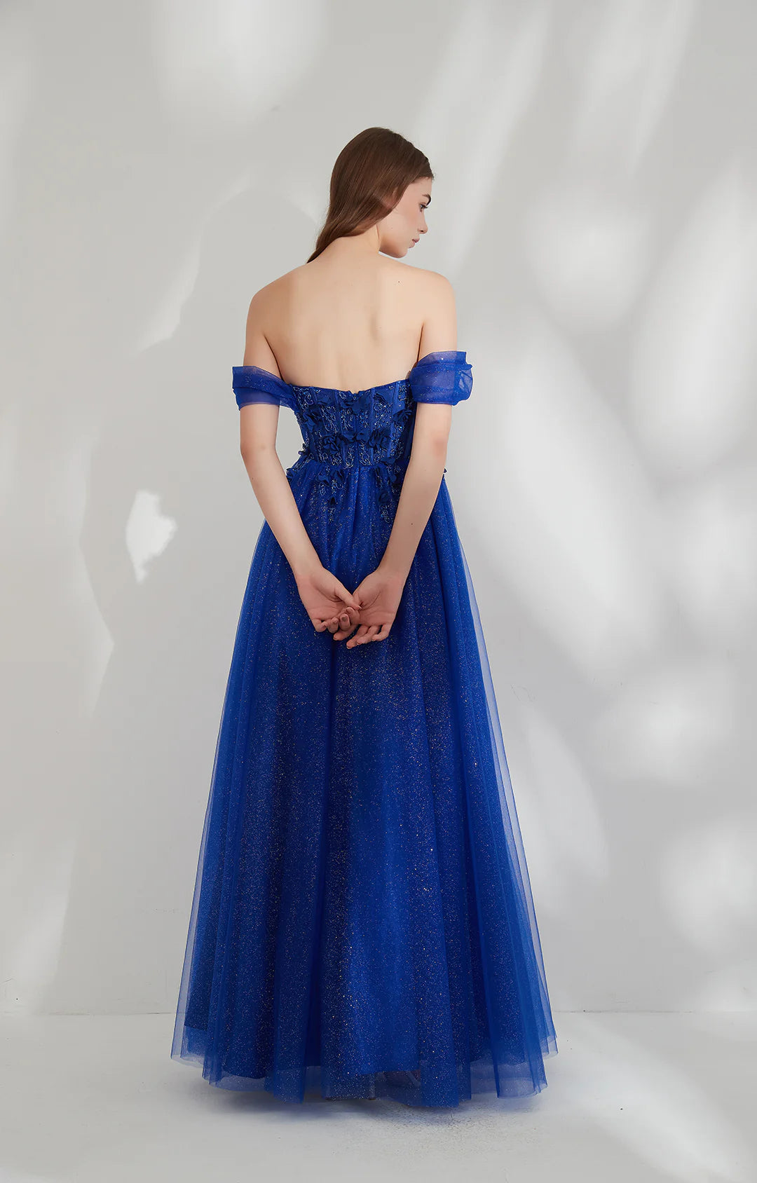 Romantic A-line Off-shoulder Short-sleeve Tulle Floor-length 3D Floral Glitter Evening Gown