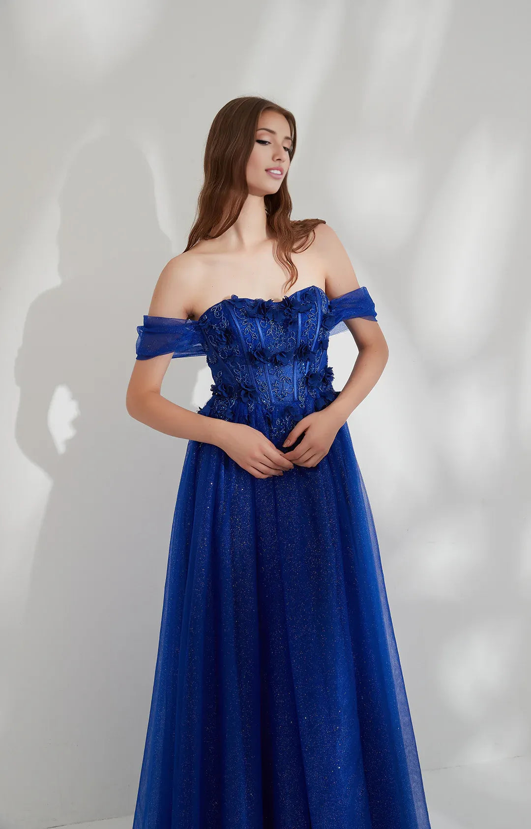 Romantic A-line Off-shoulder Short-sleeve Tulle Floor-length 3D Floral Glitter Evening Gown
