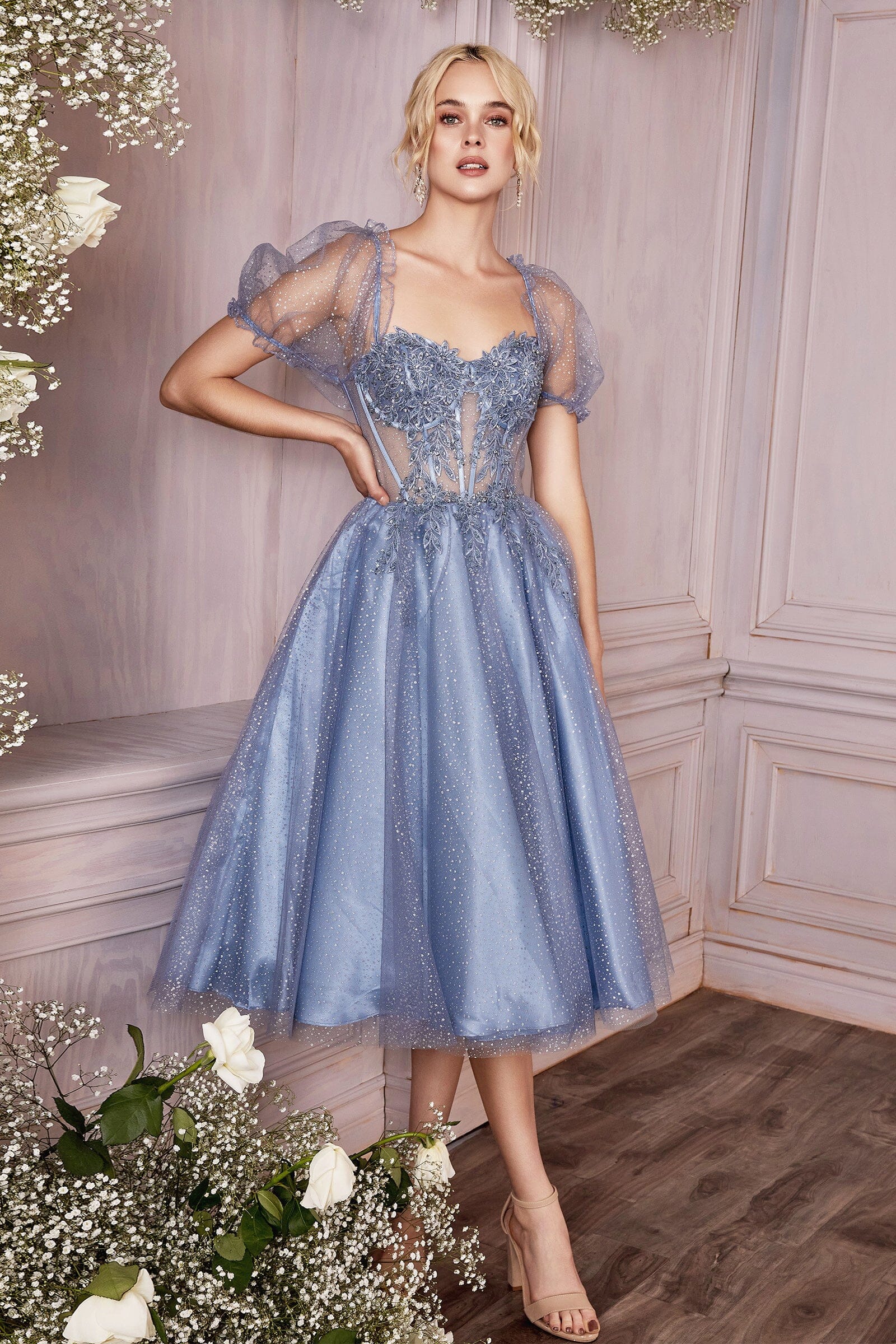 Romantic A-line Square Neck Puff Sleeve Glitter Tulle Midi Corset Lace Tea-Length Prom Gown