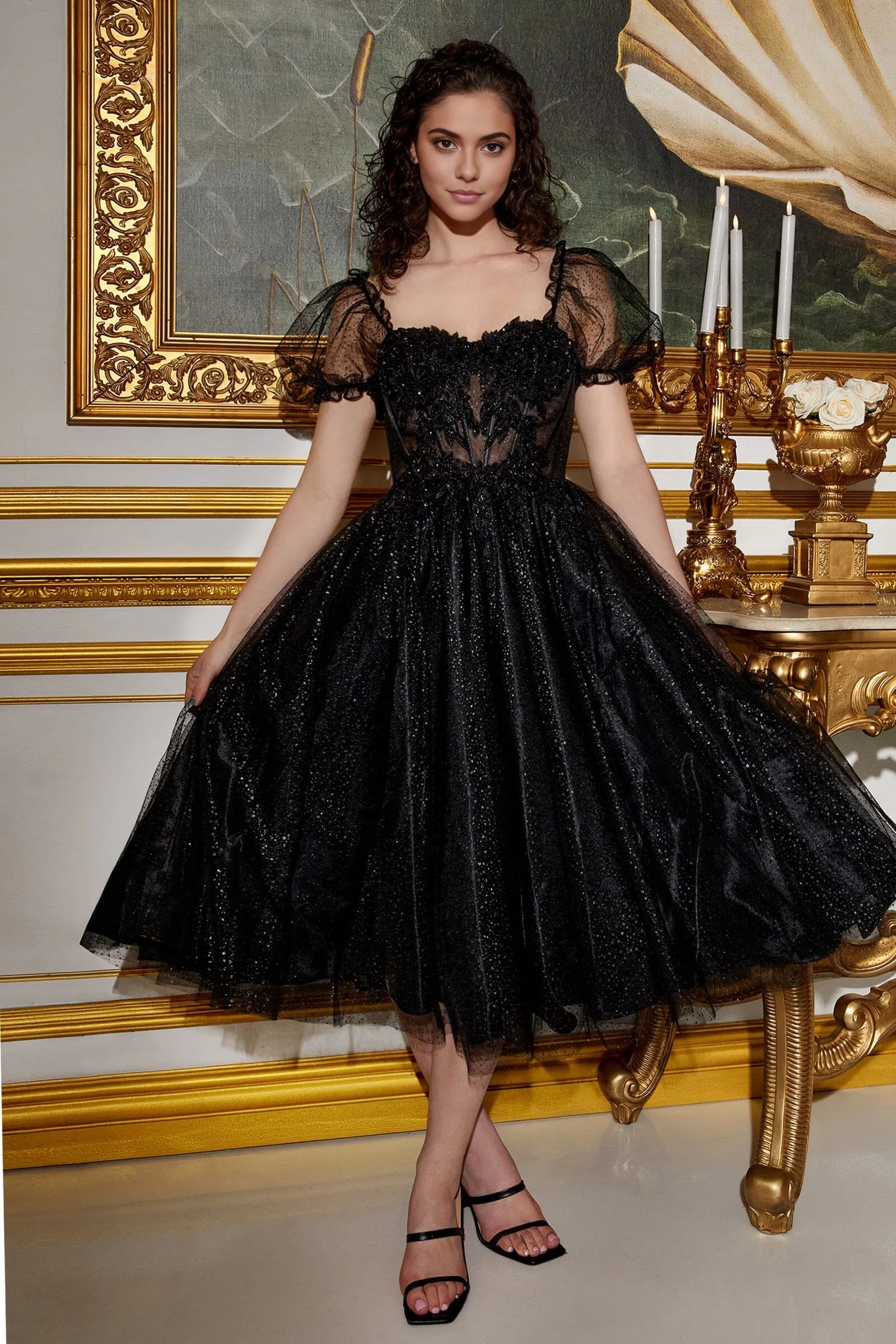 Romantic A-line Square Neck Puff Sleeve Glitter Tulle Midi Corset Lace Tea-Length Prom Gown