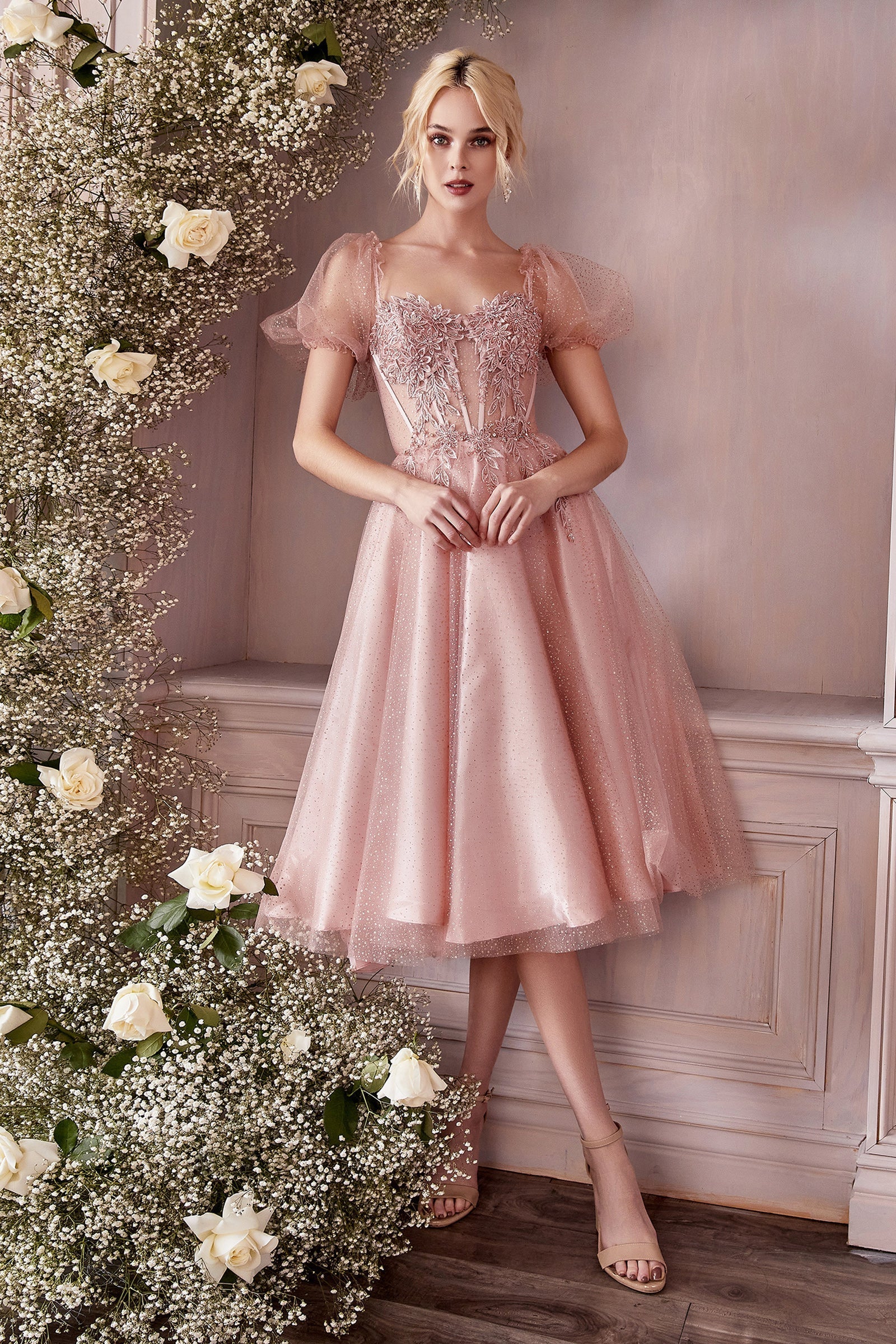 Romantic A-line Square Neck Puff Sleeve Glitter Tulle Midi Corset Lace Tea-Length Prom Gown
