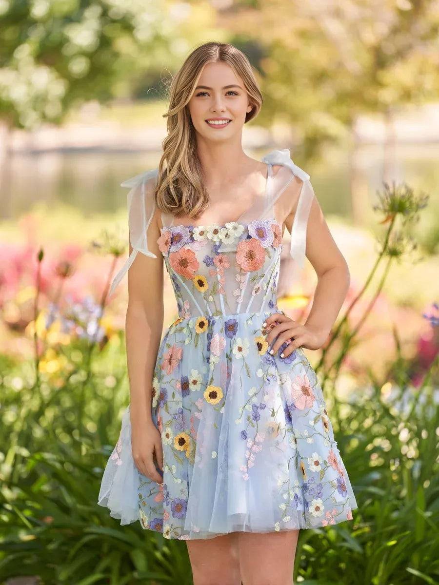 Romantic A-line Princess Square Neck Tulle Mini Laceup Homecoming Dress with 3D Flowers