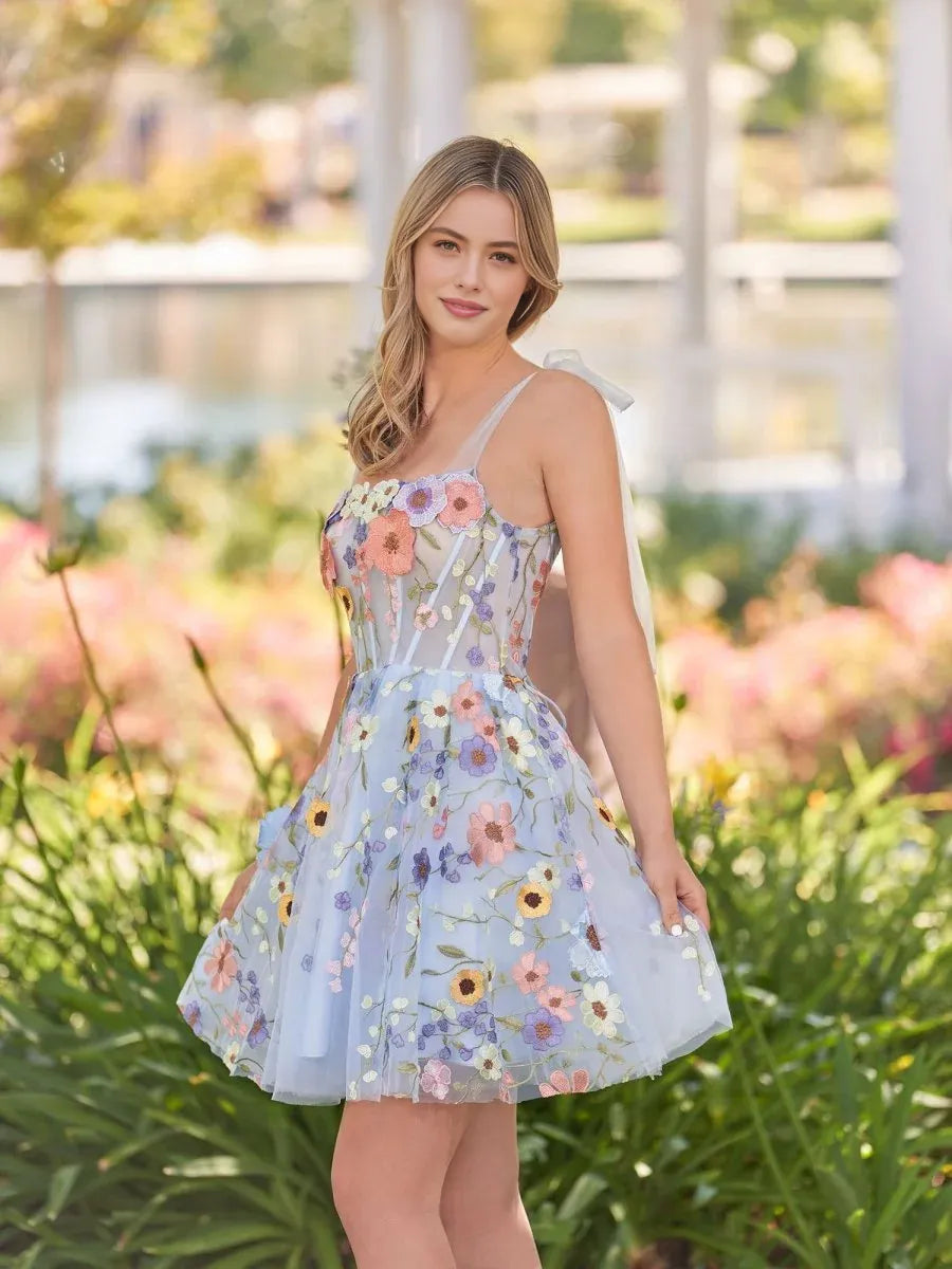 Romantic A-line Princess Square Neck Tulle Mini Laceup Homecoming Dress with 3D Flowers