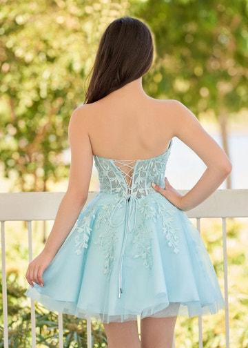 Romantic A-line Strapless Tulle Mini Laceup Homecoming Dress with Appliques