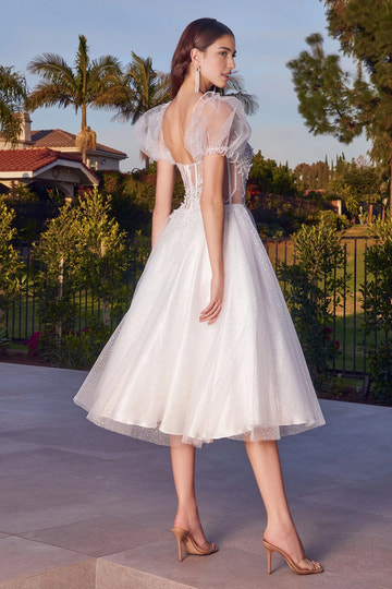 Romantic A-line Sweetheart Neck Puff Sleeve Tulle Midi Corset Floral Appliqué Prom Dress