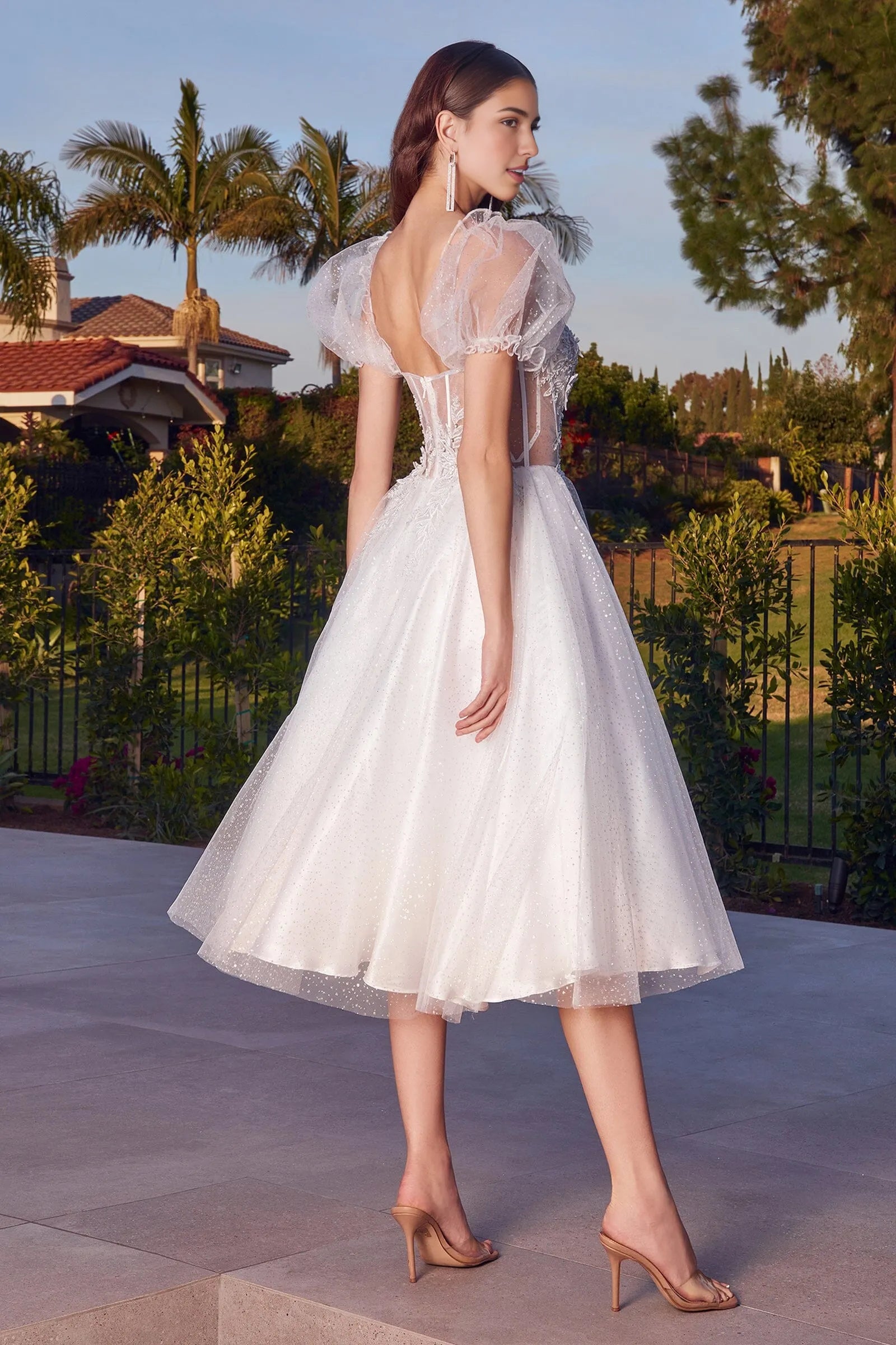 Romantic A-line Sweetheart Neck Puff Sleeve Tulle Midi Corset Floral Appliqué Prom Dress