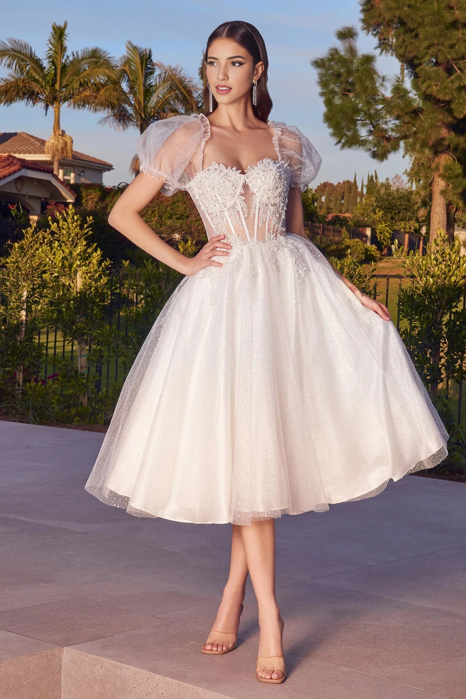 Romantic A-line Sweetheart Neck Puff Sleeve Tulle Midi Corset Floral Appliqué Prom Dress