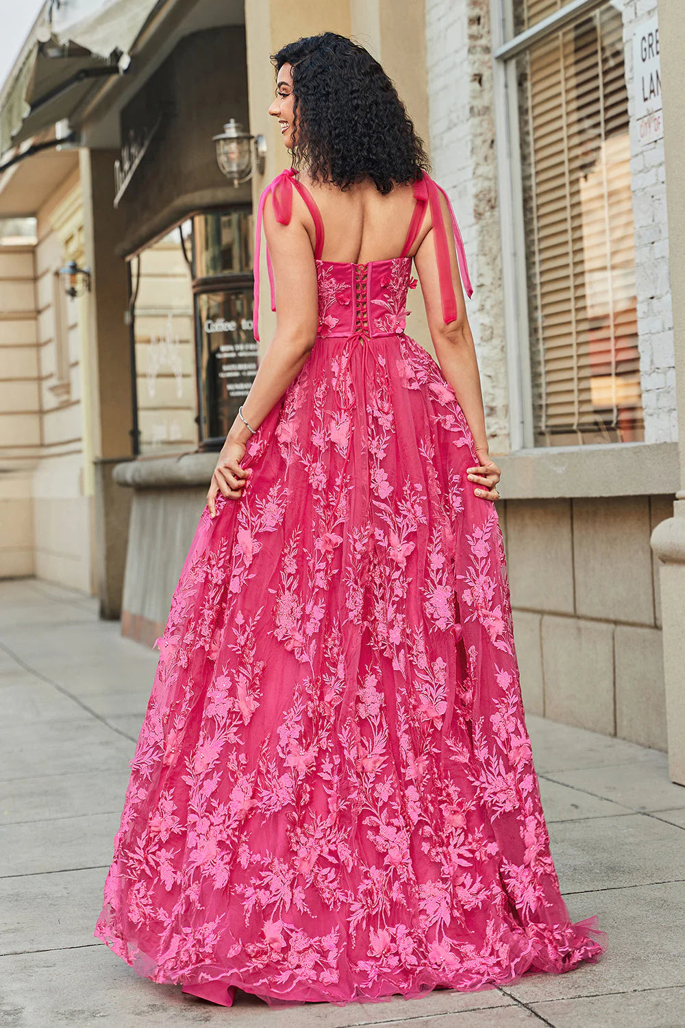 Romantic A-line Sweetheart TieStrap FloralTulle FloorSlit LaceUp Back Prom Dress