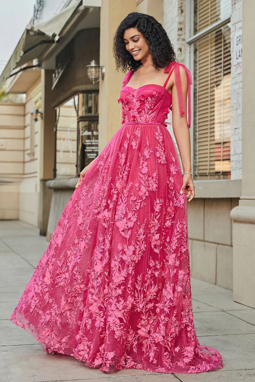 Romantic A-line Sweetheart TieStrap FloralTulle FloorSlit LaceUp Back Prom Dress