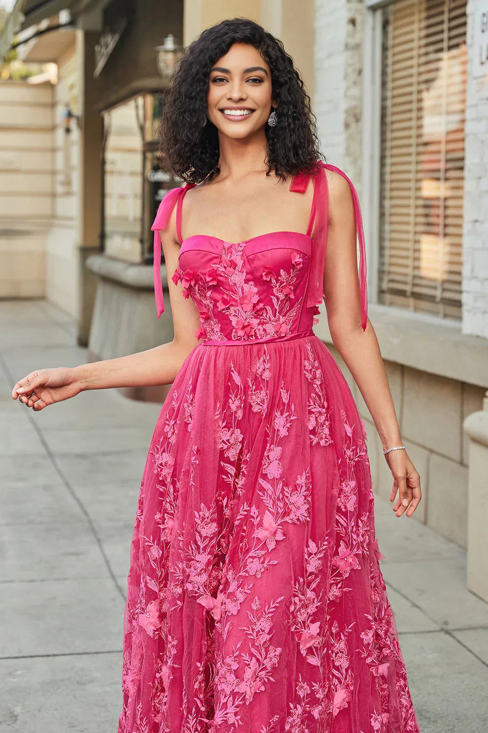 Romantic A-line Sweetheart TieStrap FloralTulle FloorSlit LaceUp Back Prom Dress