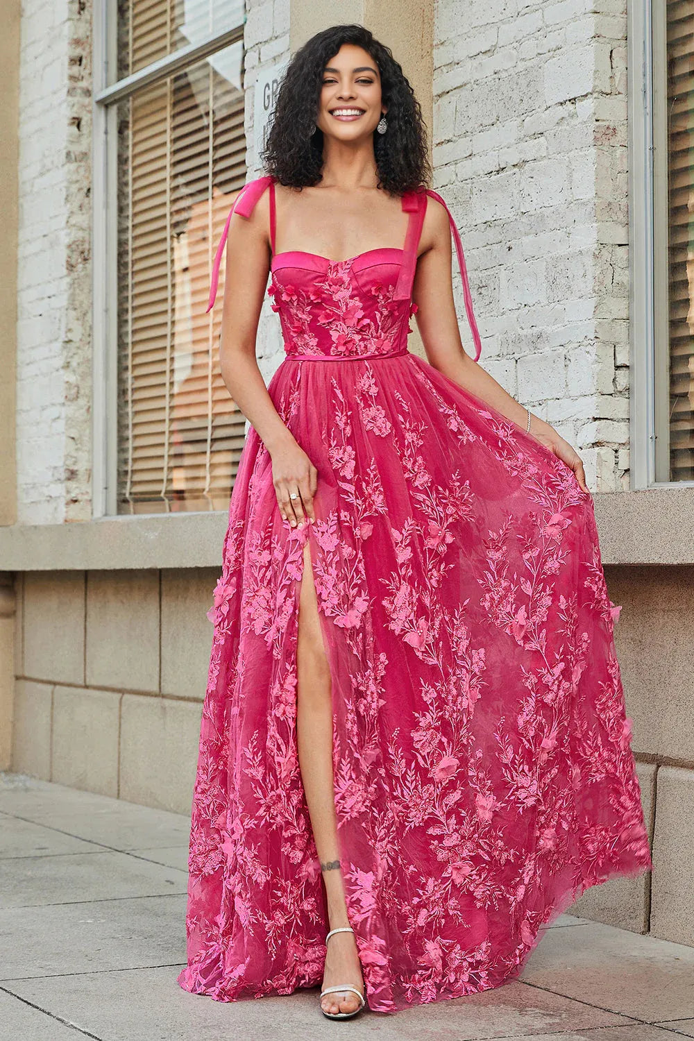 Romantic A-line Sweetheart TieStrap FloralTulle FloorSlit LaceUp Back Prom Dress