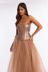 Romantic ALine Strapless Neck Tulle FloorLength Slit Corset Prom Dress