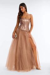 Romantic ALine Strapless Neck Tulle FloorLength Slit Corset Prom Dress