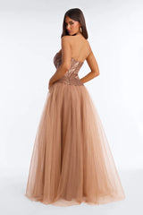 Romantic ALine Strapless Neck Tulle FloorLength Slit Corset Prom Dress