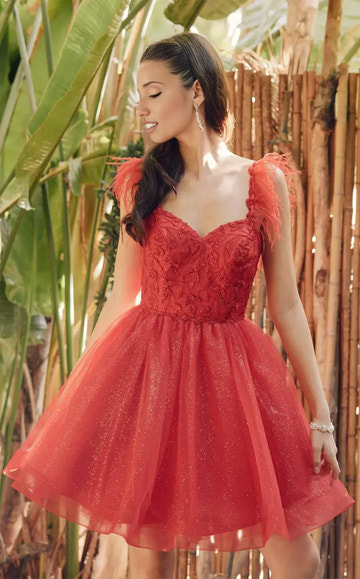 Romantic ALine Sweetheart Neck Glitter Tulle Short Feather Homecoming Dress