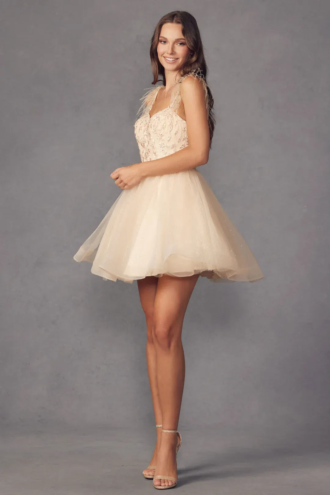 Romantic ALine Sweetheart Neck Glitter Tulle Short Feather Homecoming Dress