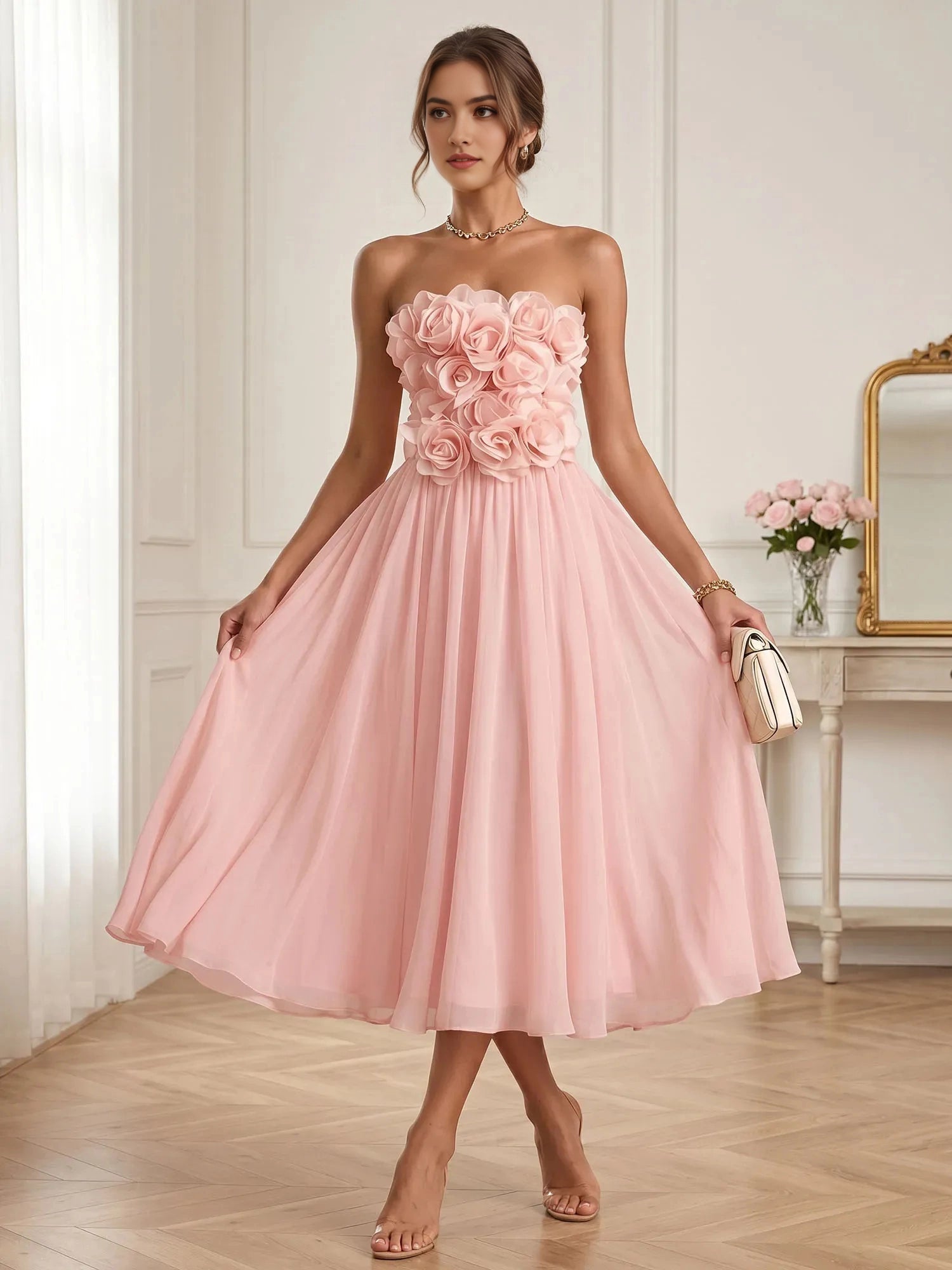 vedress pink strapless bridesmaid dress with 3d rose floral bodice chiffon midi a‑line gown