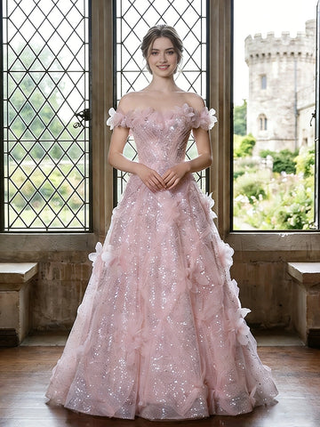 Vedress pink sparkly tulle ball‑gown wedding dress with 3D flower off‑the‑shoulder detail castle interior