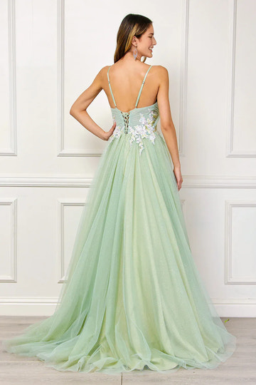 Romantic Ballgown Deep V Neck Sleeveless Tulle Long Floral Applique Prom Dress