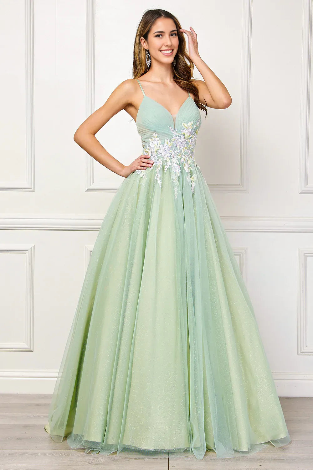 Romantic Ballgown Deep V Neck Sleeveless Tulle Long Floral Applique Prom Dress