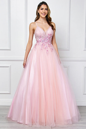 Romantic Ballgown Deep V Neck Sleeveless Tulle Long Floral Applique Prom Dress