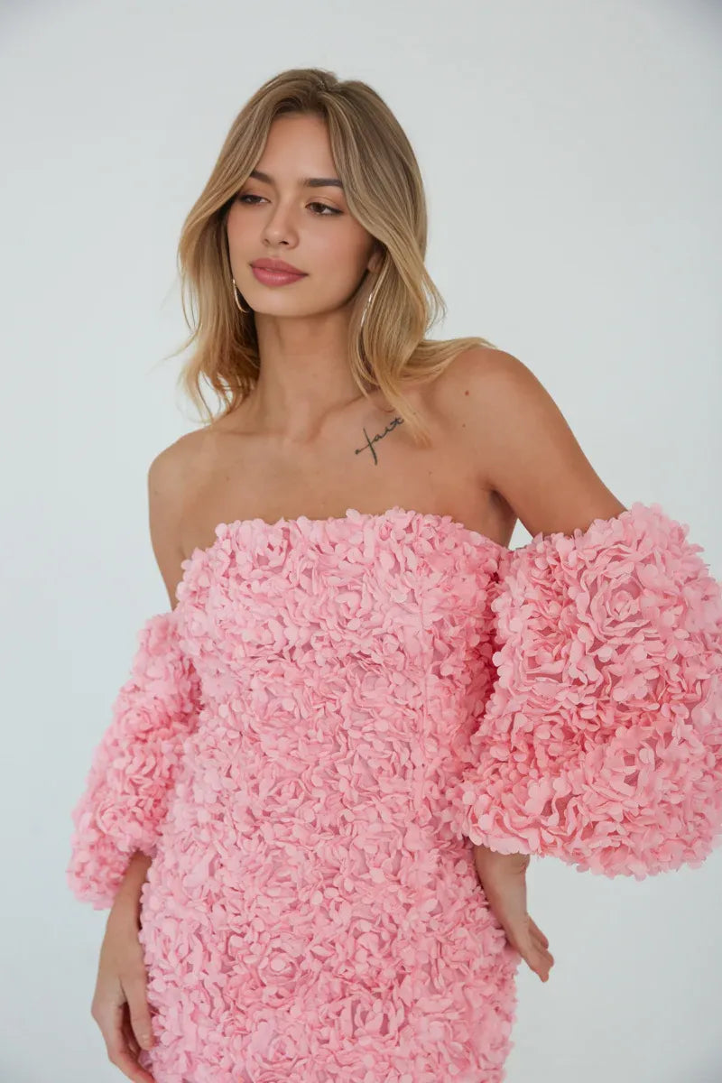 Romantic Bodycon Off-the-Shoulder Puff Sleeve Floral Appliqué Party Dress Mini Homecoming Dress