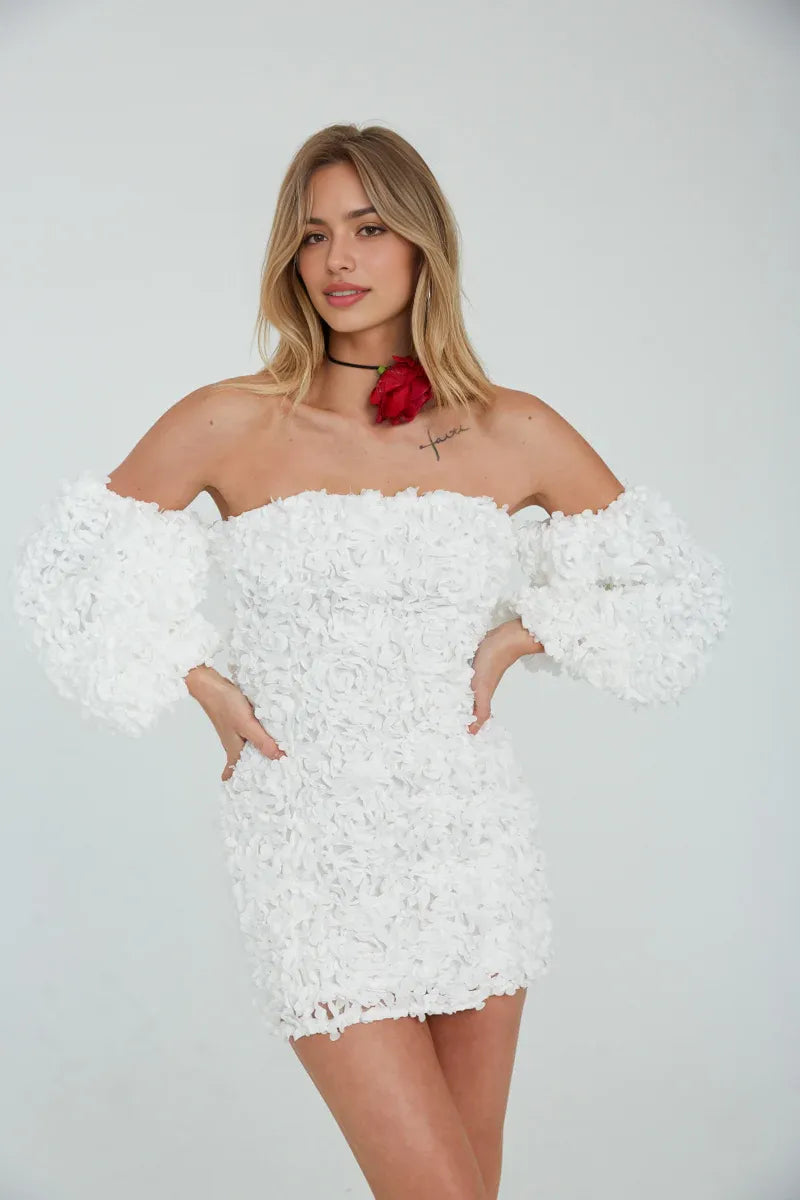 Romantic Bodycon Off-the-Shoulder Puff Sleeve Floral Appliqué Party Dress Mini Homecoming Dress