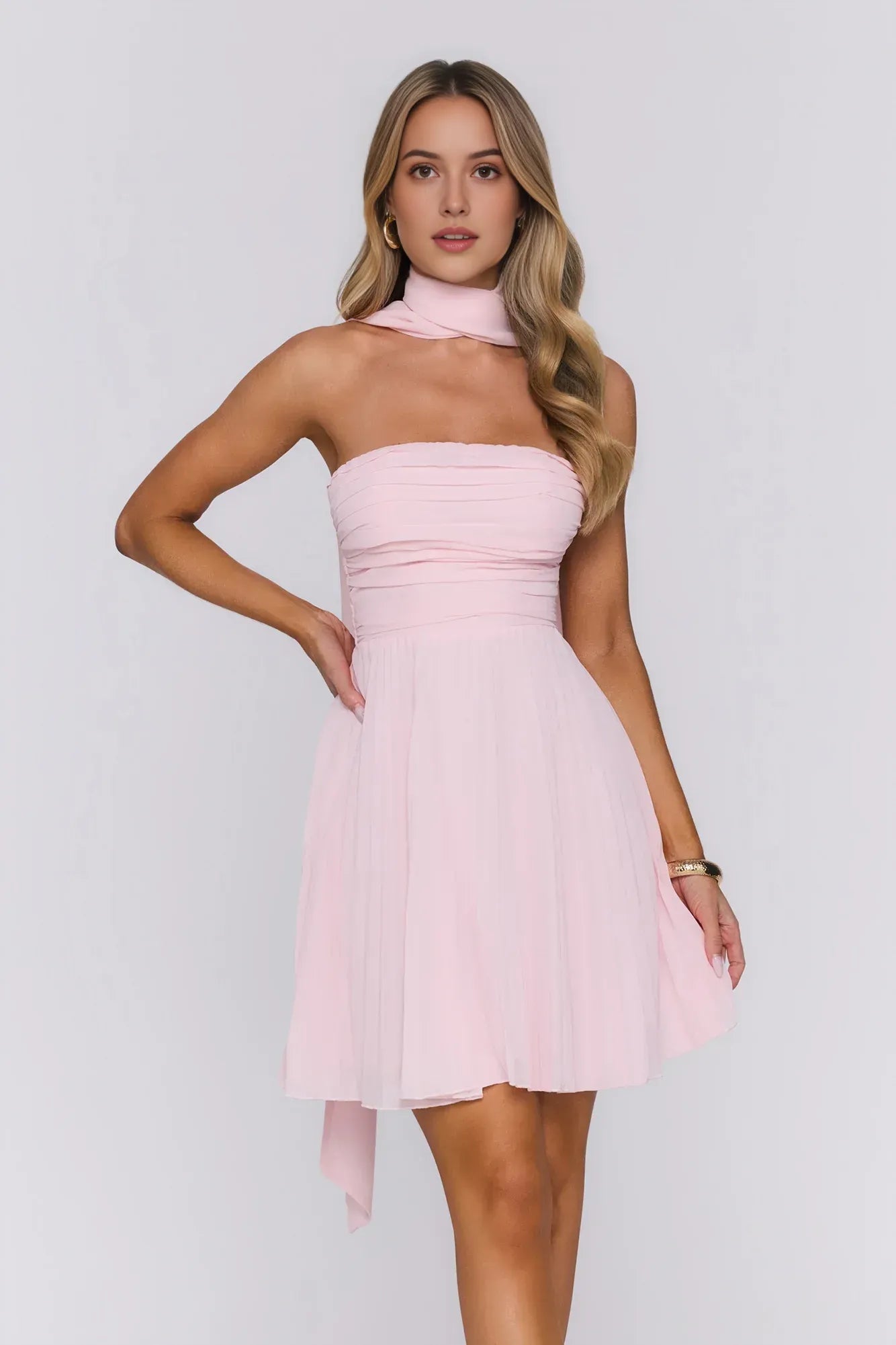 Romantic Flared Strapless Sleeveless Chiffon Mini Ruched Lace-up Party Dress With Scarf